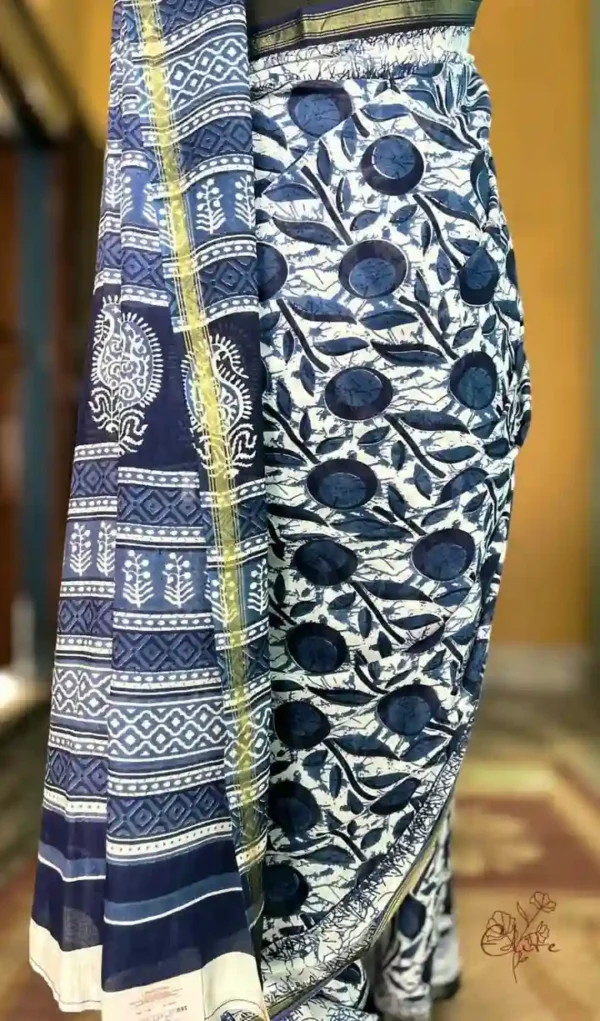 Indigo Hand Block Printed Zari Border Bagru Cotton Saree