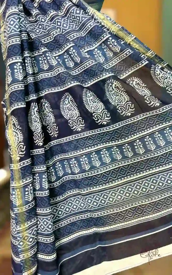Indigo Hand Block Printed Zari Border Bagru Cotton Saree