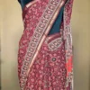 Maroon Hand Block Printed Zari Border Ajrak Cotton Saree