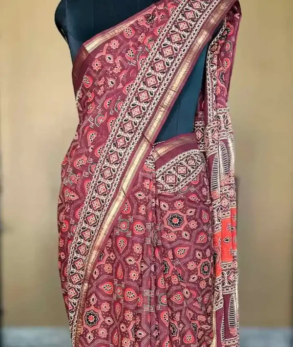 Maroon Hand Block Printed Zari Border Ajrak Cotton Saree