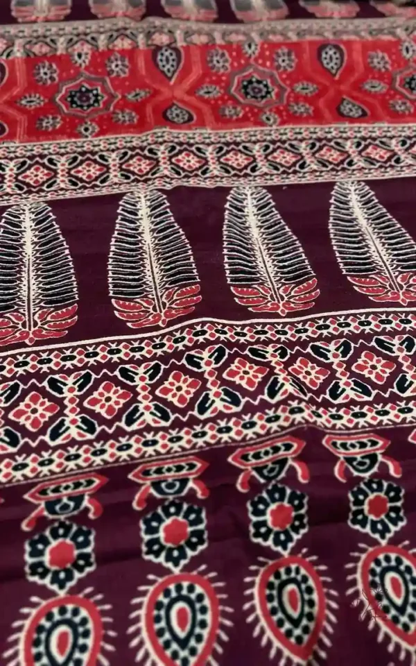 Maroon Hand Block Printed Zari Border Ajrak Cotton Saree