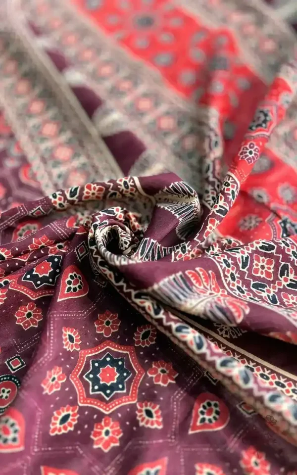 Maroon Hand Block Printed Zari Border Ajrak Cotton Saree