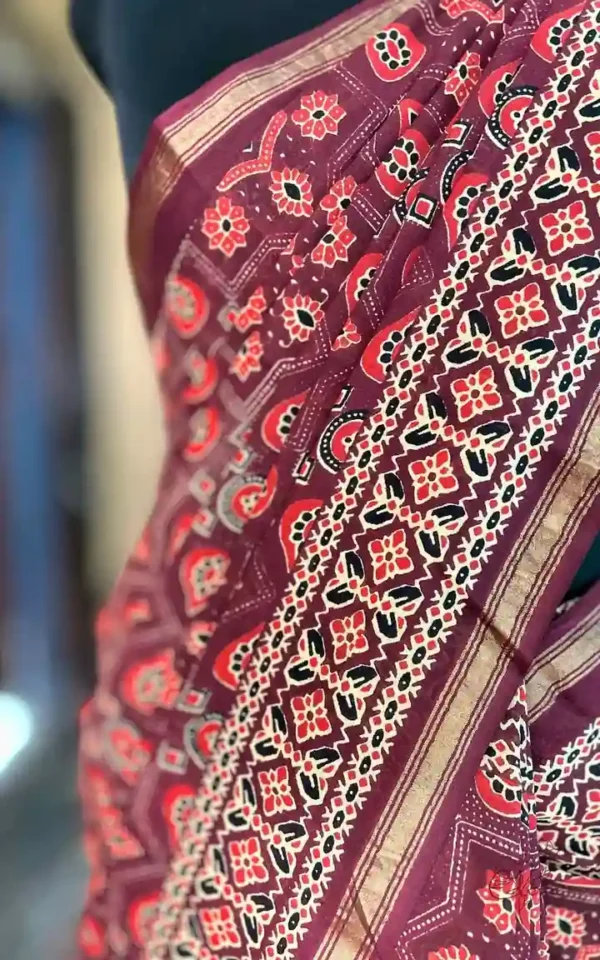 Maroon Hand Block Printed Zari Border Ajrak Cotton Saree