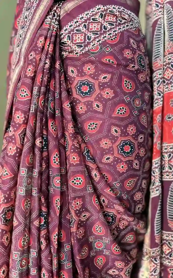 Maroon Hand Block Printed Zari Border Ajrak Cotton Saree
