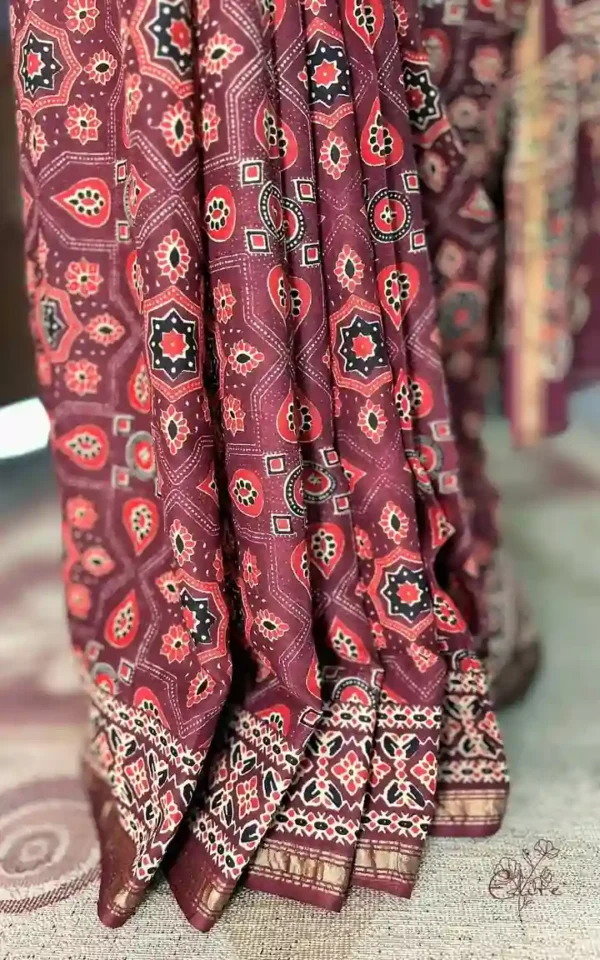 Maroon Hand Block Printed Zari Border Ajrak Cotton Saree