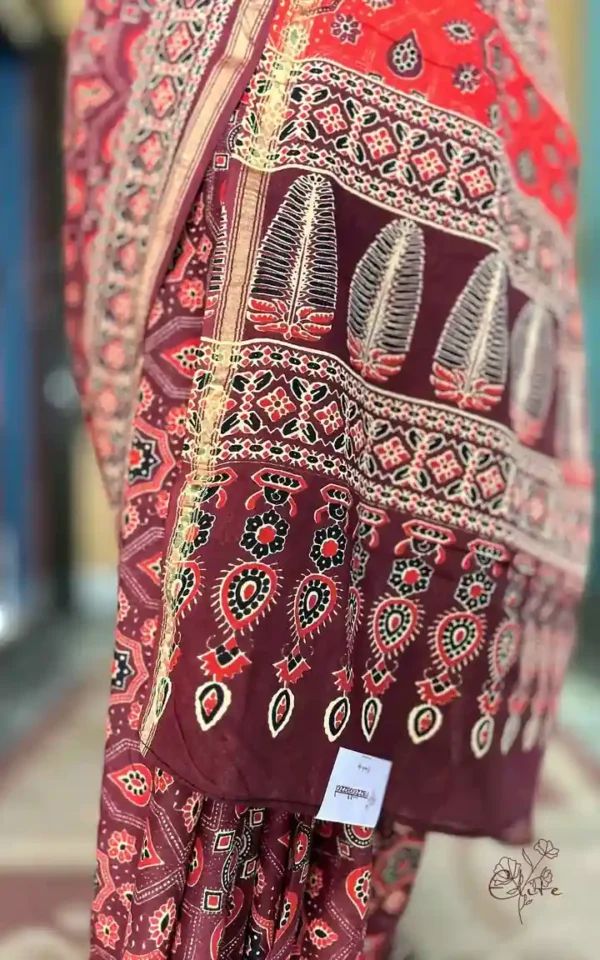 Maroon Hand Block Printed Zari Border Ajrak Cotton Saree