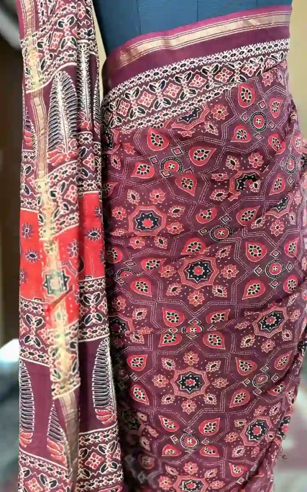 Maroon Hand Block Printed Zari Border Ajrak Cotton Saree