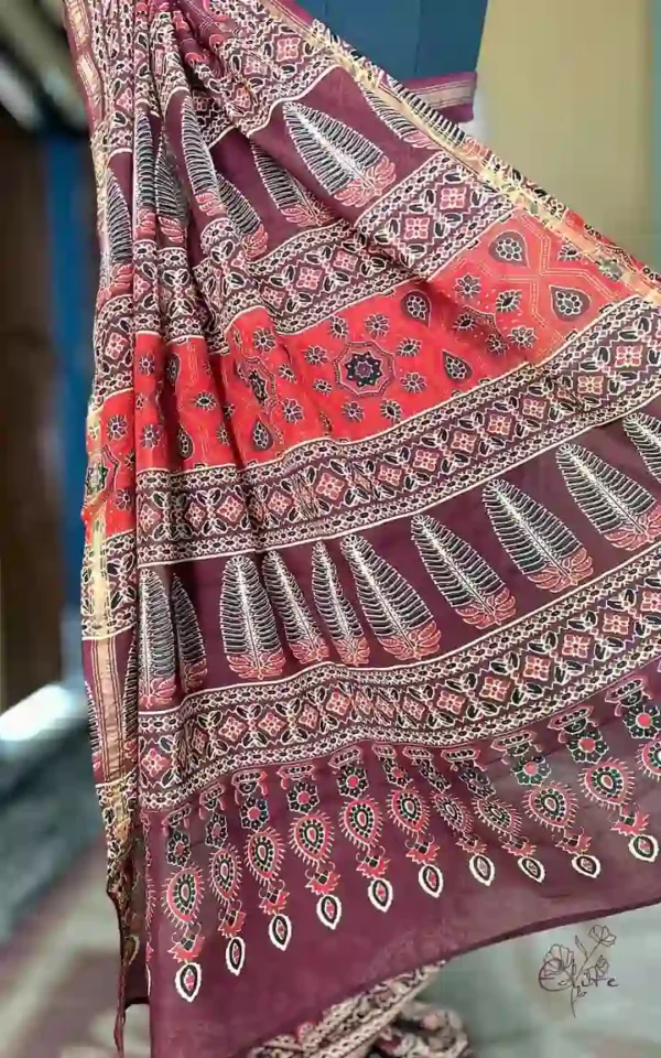 Maroon Hand Block Printed Zari Border Ajrak Cotton Saree
