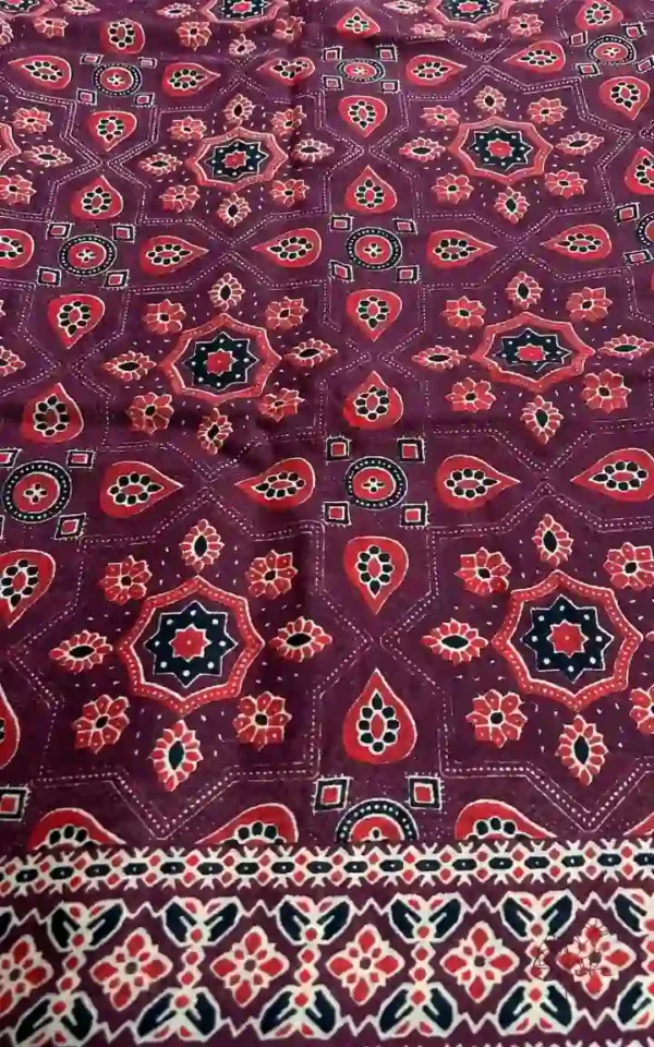 Maroon Hand Block Printed Zari Border Ajrak Cotton Saree