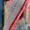 Sky Blue and Red Hand Block Printed Zari Border Ajrak Cotton Saree