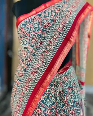 Sky Blue and Red Hand Block Printed Zari Border Ajrak Cotton Saree