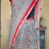 Sky Blue and Red Hand Block Printed Zari Border Ajrak Cotton Saree