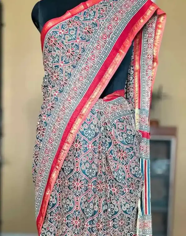 Sky Blue and Red Hand Block Printed Zari Border Ajrak Cotton Saree