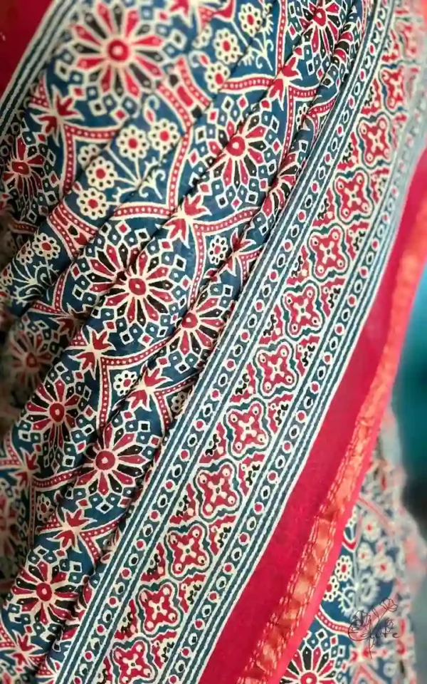 Sky Blue and Red Hand Block Printed Zari Border Ajrak Cotton Saree