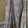 Sky Blue and Red Hand Block Printed Zari Border Ajrak Cotton Saree