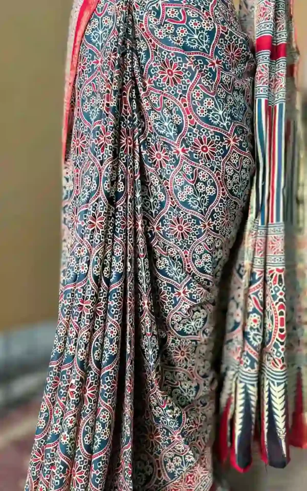 Sky Blue and Red Hand Block Printed Zari Border Ajrak Cotton Saree