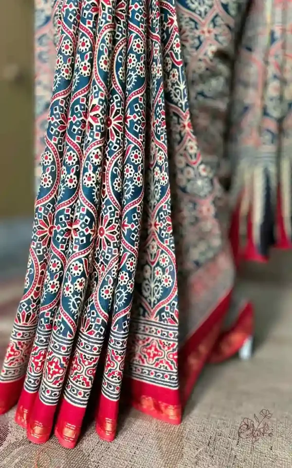 Sky Blue and Red Hand Block Printed Zari Border Ajrak Cotton Saree