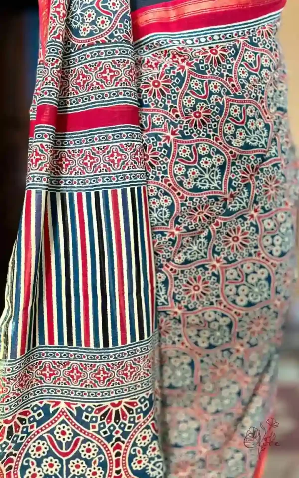 Sky Blue and Red Hand Block Printed Zari Border Ajrak Cotton Saree
