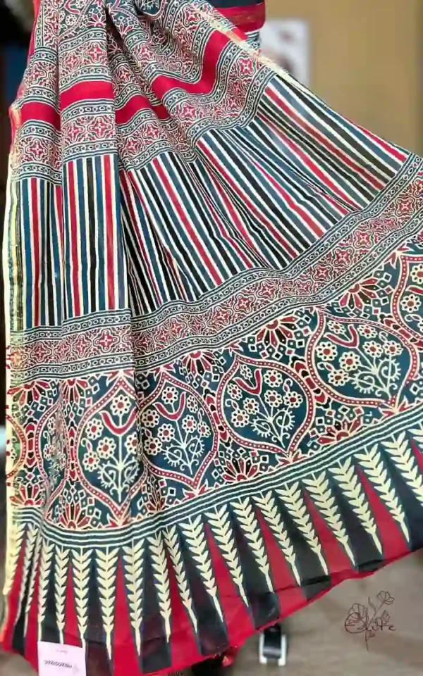 Sky Blue and Red Hand Block Printed Zari Border Ajrak Cotton Saree