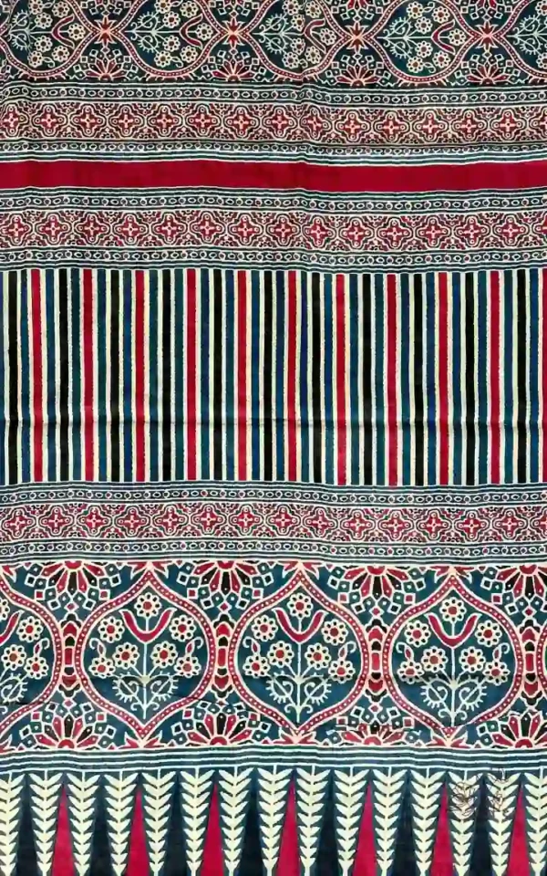 Sky Blue and Red Hand Block Printed Zari Border Ajrak Cotton Saree