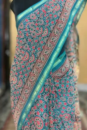 Persian Blue and Red Hand Block Printed Zari Border Ajrak Cotton Saree