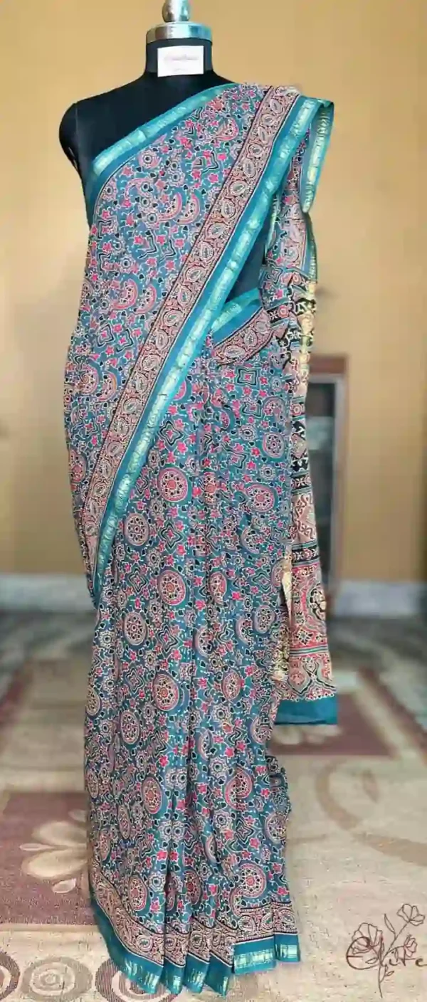 Persian Blue and Red Hand Block Printed Zari Border Ajrak Cotton Saree