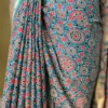 Persian Blue and Red Hand Block Printed Zari Border Ajrak Cotton Saree