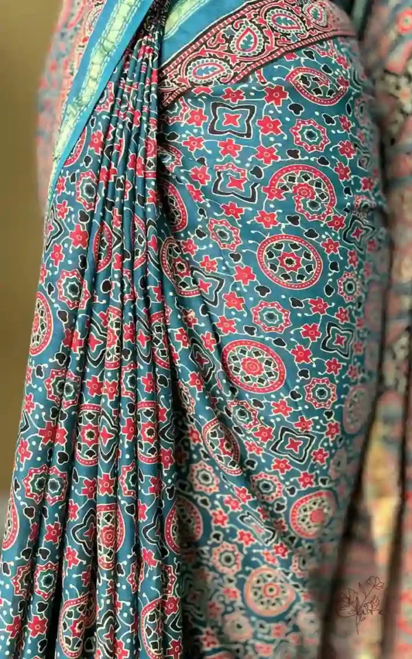 Persian Blue and Red Hand Block Printed Zari Border Ajrak Cotton Saree