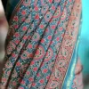 Persian Blue and Red Hand Block Printed Zari Border Ajrak Cotton Saree