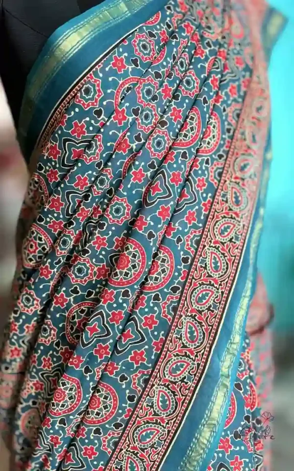 Persian Blue and Red Hand Block Printed Zari Border Ajrak Cotton Saree