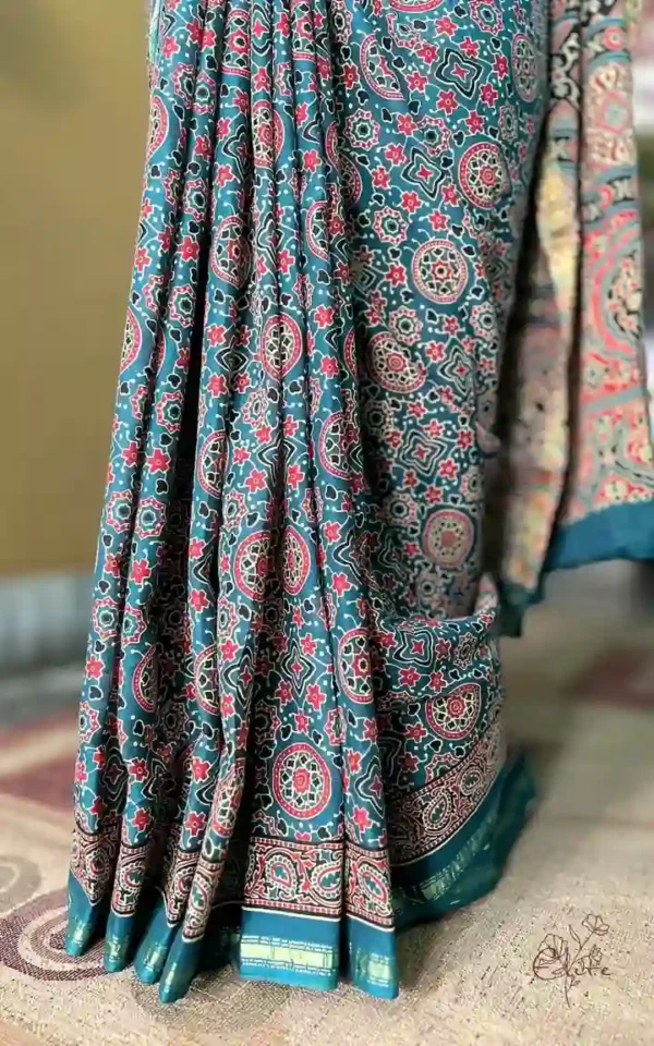 Persian Blue and Red Hand Block Printed Zari Border Ajrak Cotton Saree