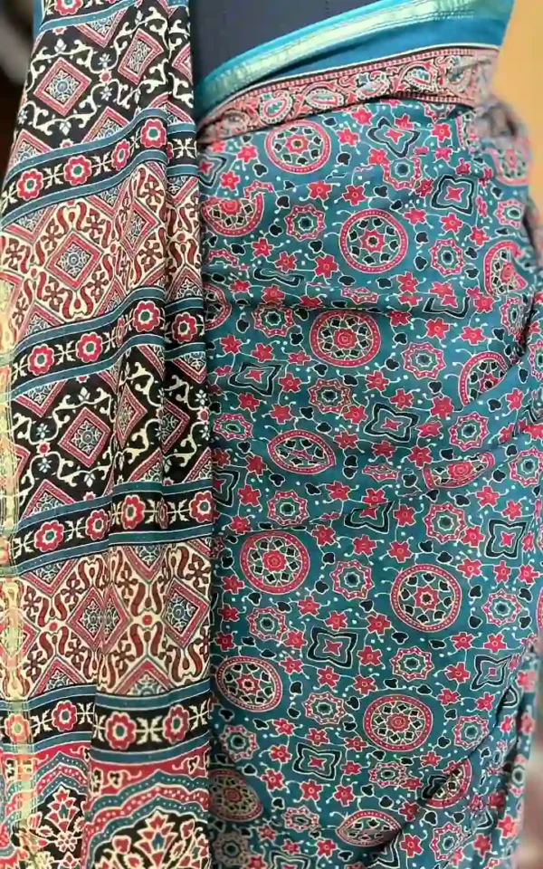 Persian Blue and Red Hand Block Printed Zari Border Ajrak Cotton Saree