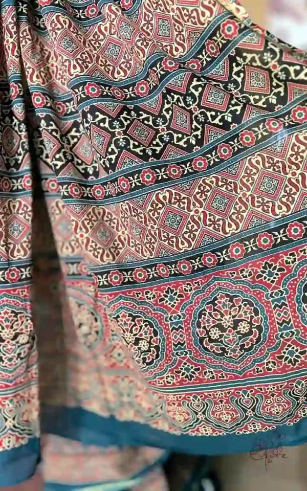 Persian Blue and Red Hand Block Printed Zari Border Ajrak Cotton Saree