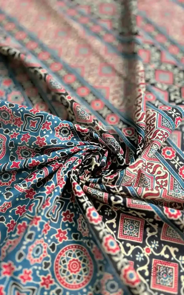 Persian Blue and Red Hand Block Printed Zari Border Ajrak Cotton Saree
