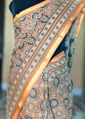 Mustard Yellow Hand Block Printed Zari Border Ajrak Cotton Saree