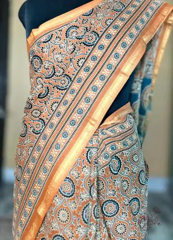 Mustard Yellow Hand Block Printed Zari Border Ajrak Cotton Saree