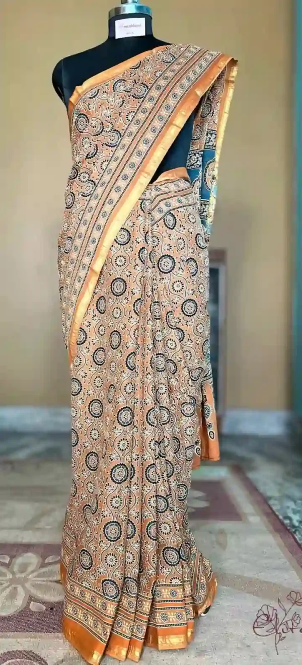 Mustard Yellow Hand Block Printed Zari Border Ajrak Cotton Saree