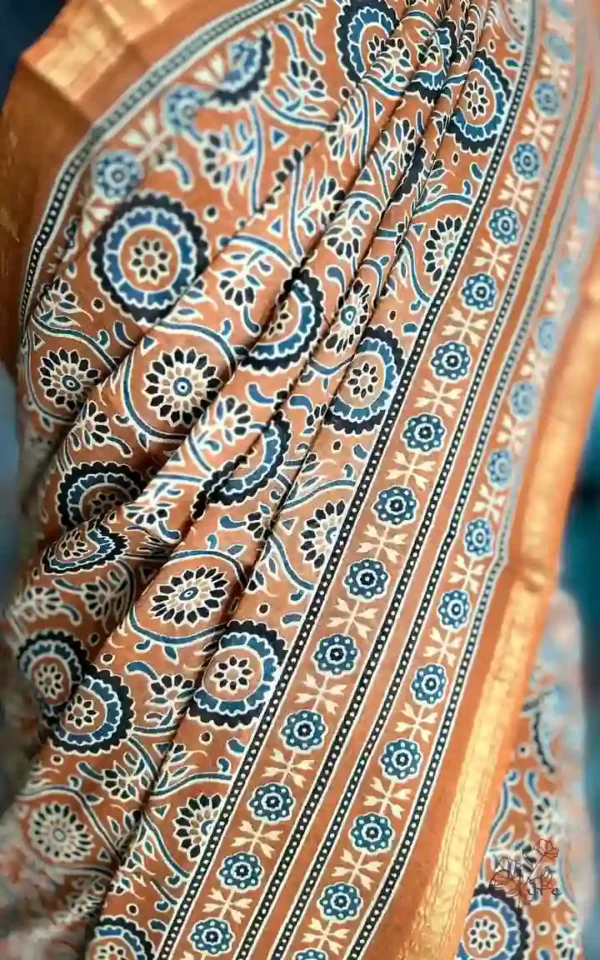 Mustard Yellow Hand Block Printed Zari Border Ajrak Cotton Saree