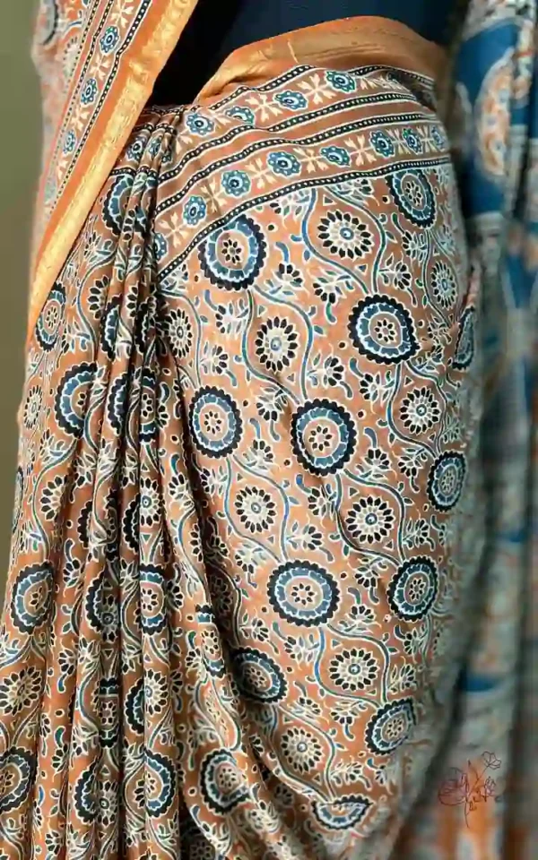 Mustard Yellow Hand Block Printed Zari Border Ajrak Cotton Saree