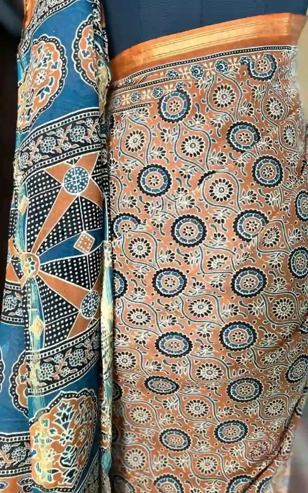 Mustard Yellow Hand Block Printed Zari Border Ajrak Cotton Saree