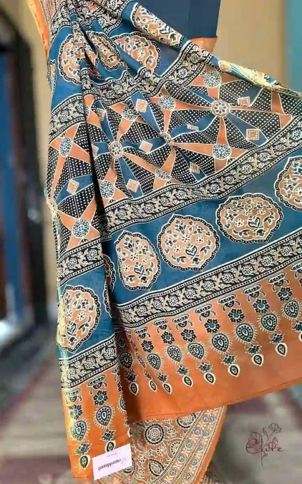 Mustard Yellow Hand Block Printed Zari Border Ajrak Cotton Saree