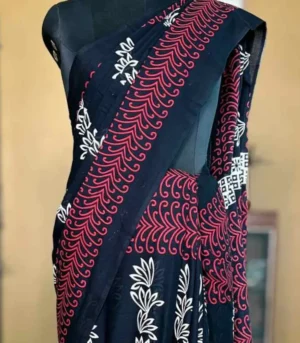 Black Hand Block Printed Bagru Cotton Saree
