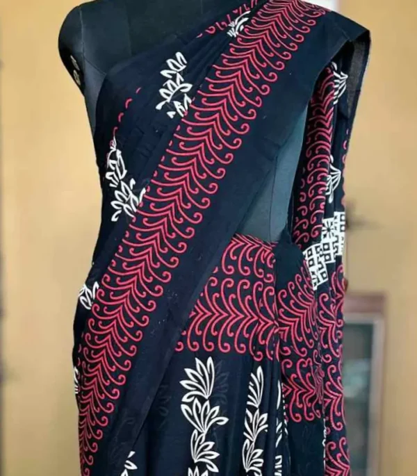 Black Hand Block Printed Bagru Cotton Saree