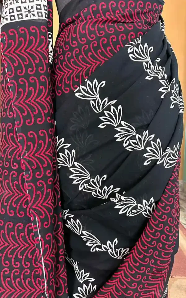 Black Hand Block Printed Bagru Cotton Saree