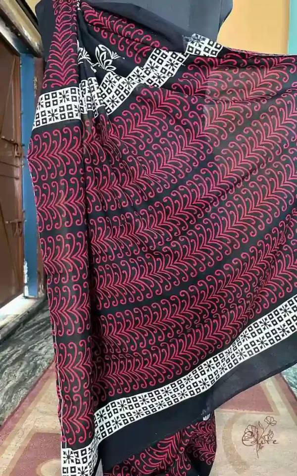 Black Hand Block Printed Bagru Cotton Saree
