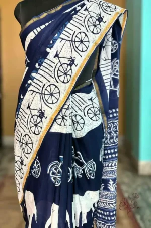 Indigo Hand Block Printed Bagru Cotton Saree