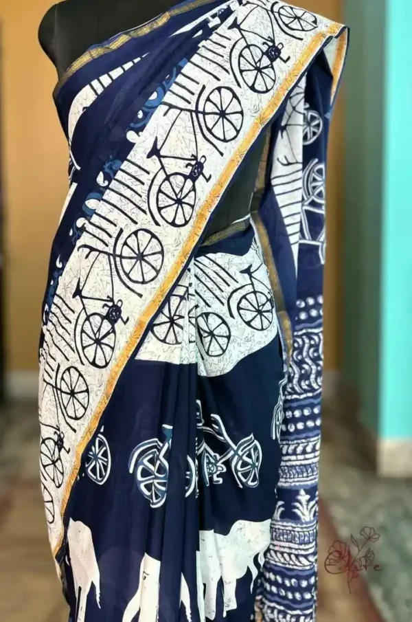 Indigo Hand Block Printed Bagru Cotton Saree