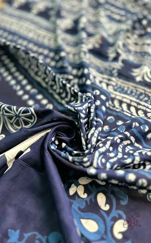 Indigo Hand Block Printed Bagru Cotton Saree
