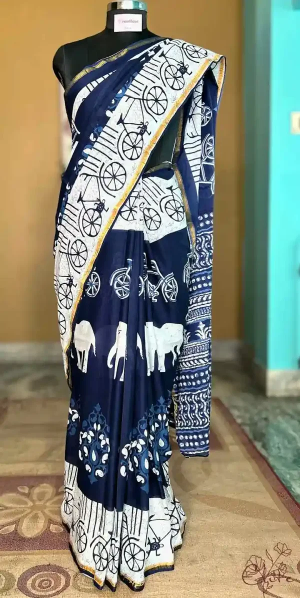Indigo Hand Block Printed Bagru Cotton Saree