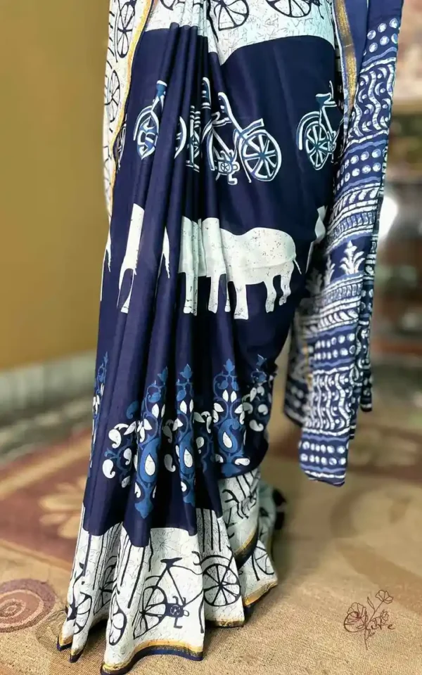 Indigo Hand Block Printed Bagru Cotton Saree